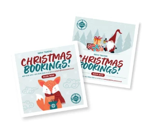 Festive Christmas booking promotional cards with illustrated fox and robin designs
