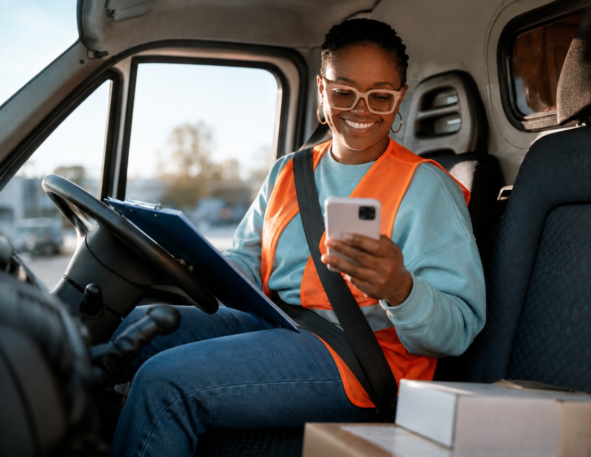 A tradesperson checking enquiry updates on their phone from the van